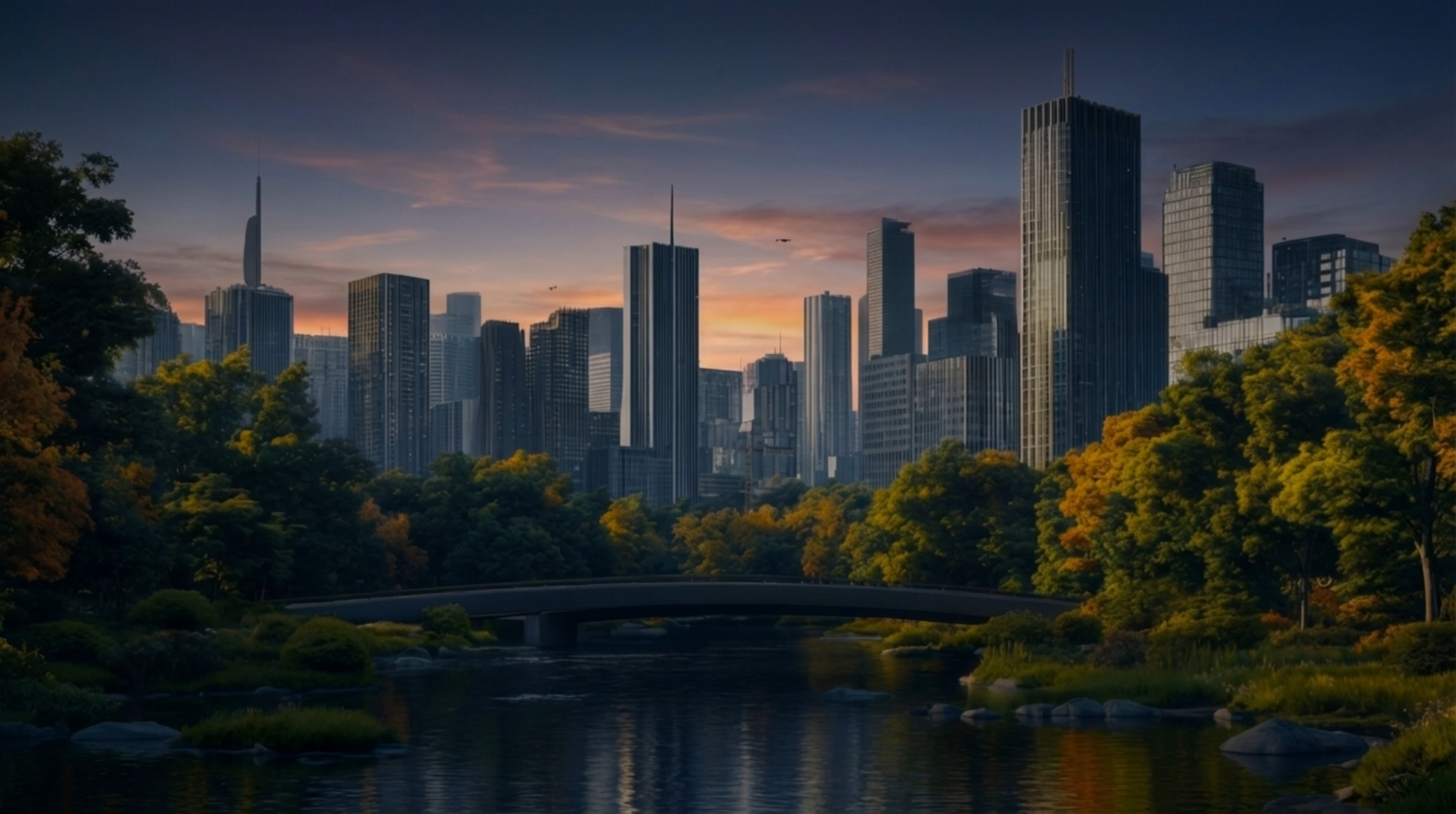 City skyline at dusk